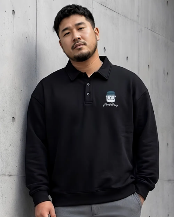 [ 長袖TEE ] 老爹寬鬆純棉長袖休閒Polo/黑