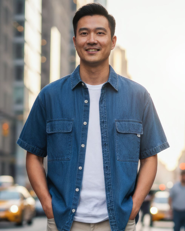 雙口袋牛仔短袖襯衫