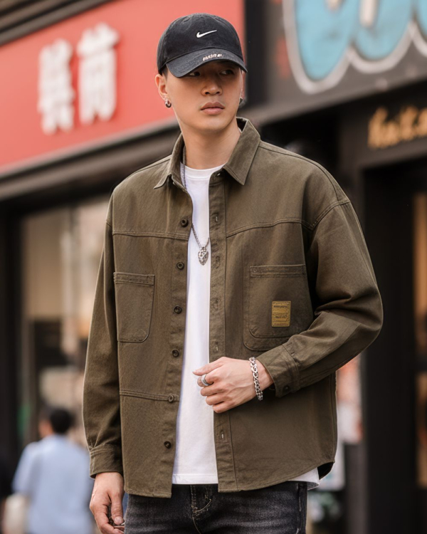 [ 長袖襯衫]日系工裝襯衫外套/深卡其(剩下4XL/5XL)