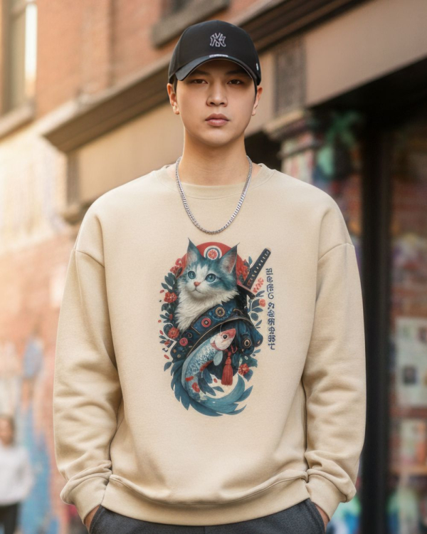 [ 大學TEE] 喵武者/落肩寬鬆重磅長袖棉TEE/杏色
