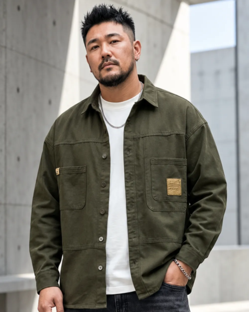 [ 長袖襯衫]日系工裝襯衫外套/軍綠(剩下3XL/5XL)