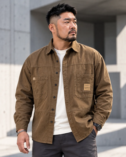[ 長袖襯衫]日系工裝襯衫外套/深卡其(剩下4XL/5XL)