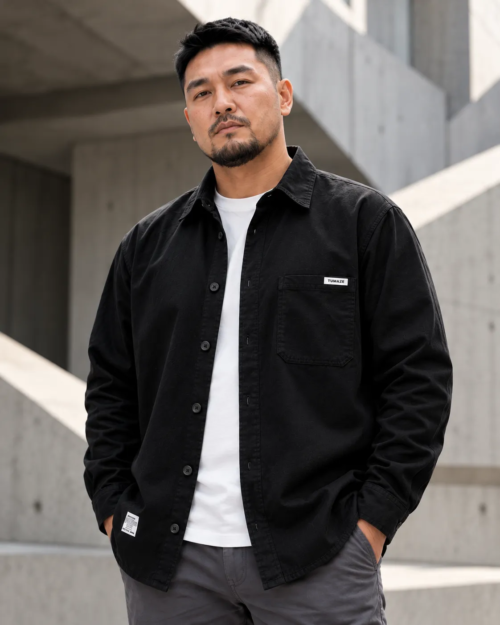 [ 長袖襯衫]純棉美式休閒襯衫/黑色