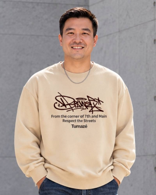 [ 大學TEE] 街頭敬意/落肩寬鬆重磅長袖棉TEE/杏色