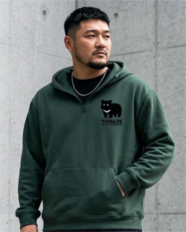 [ 長袖帽TEE]純棉半開襟連帽TEE / 綠色