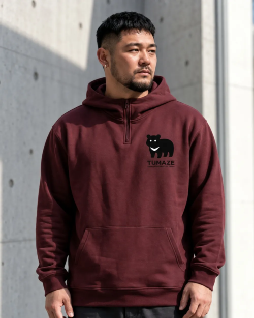 [ 長袖帽TEE]LOGO純棉半開襟連帽TEE / 紅色