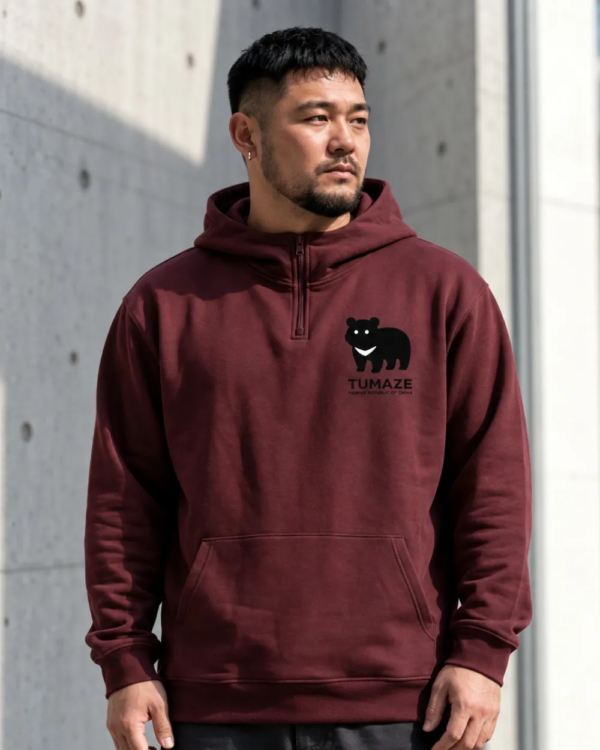 [ 長袖帽TEE]LOGO純棉半開襟連帽TEE / 紅色